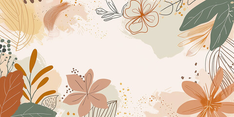 floral watercolor spring background in the style of organic geometric shapes, natural colors. outline of flowers and leaves. flora and botany - obrazy, fototapety, plakaty