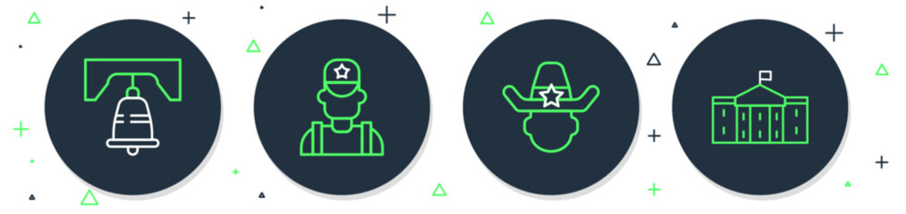 Set line Sheriff cowboy, Liberty bell in Philadelphia and United States Capitol Congress icon. Vector