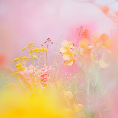 Pink and yellow wild flowers with soft fog. Light pink and pecahy orange color hues. Nature-based...