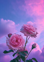 Pink roses are in front of a purple sky with pink and blue. 80s and 90s aesthetic. Feminine sensibilities. Light blue and pink colors. Spring flower idea.