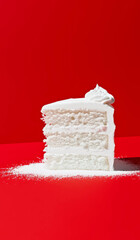 White piece of cake with white frosting on bright red background. Minimal retro cake idea.