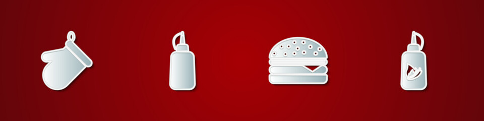 Set Oven glove, Mustard bottle, Burger and Ketchup icon. Vector