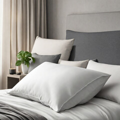 Fototapeta na wymiar Crispy white pillows on white sheets, hotel room 