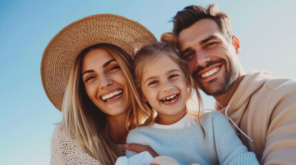 joyful moment of a family consisting of a mother, father, and their young daughter, all smiling and cuddling together in an outdoor setting with a clear blue sky in the background.