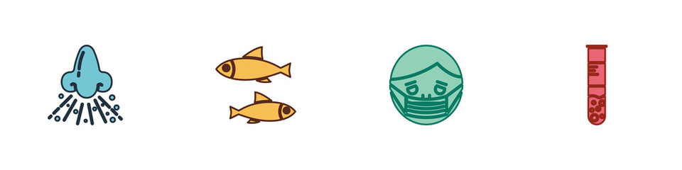 Set Runny nose, Fish, Face in protective mask and Test tube and flask icon. Vector