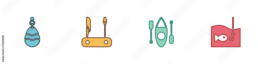 Poster Set Fishing spoon, Swiss army knife, Kayak or canoe and hook with fish icon. Vector