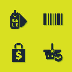 Set Price tag with Sale, Shopping basket check mark, Shoping bag and dollar and Barcode icon. Vector