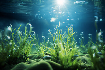 Fototapeta na wymiar Blue carbon sinks. Natural carbon sinks capture emissions. Underwater plant role in carbon sequestration. Kelp forest and seagrass meadow. Underwater forest carbon dioxide capture.