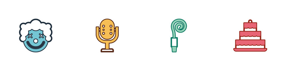 Set Clown head, Microphone, Birthday party horn and Cake with burning candles icon. Vector