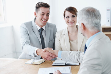 Shaking hands, happy business people or deal for partnership agreement or b2b offer in meeting....