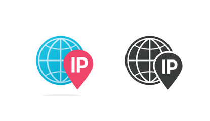 IP address geolocation location icon vector graphic simple symbol flat and black white pictogram illustration set, global lookup digital technology symbol