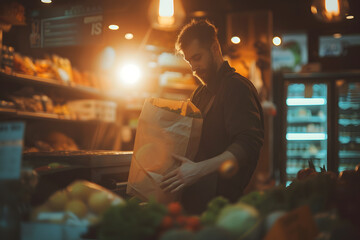 Portrait of young man holding paper bag with food in grocery store - obrazy, fototapety, plakaty
