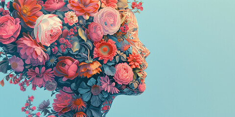profile of a girl's face with different flowers on her head. Concept of dream, meditation, transcendental consciousness and creative mind or mental problems. - obrazy, fototapety, plakaty
