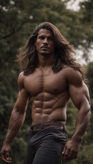 Man With Long Hair and Shirtless. Generative AI. - 730098959