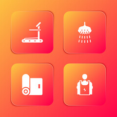 Set Treadmill machine, Shower, Fitness mat roll and Bodybuilder icon. Vector