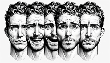 Artistic Series of Five Male Faces Showing a Range of Emotions in High-Contrast Black and White. Captivating, Expressive, Detailed