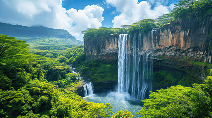 Fototapeta premium Aerial view of a powerful waterfall cascading down a steep cliff into a verdant valley, surrounded by expansive greenery. 