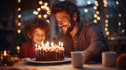Father and son blowing out candles on birthday cake, family celebration