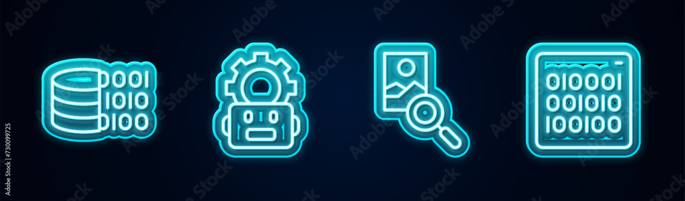 Poster set line binary code, robot setting, photo retouching and . glowing neon icon. vector