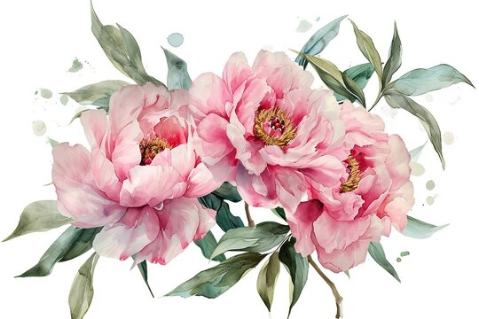 Pink peony with green leaves on a white background. Watercolor style