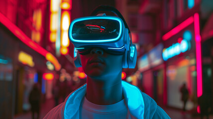 A man is immersed in virtual reality with the help of futuristic VR goggles while walking down the streets in the city at night - obrazy, fototapety, plakaty