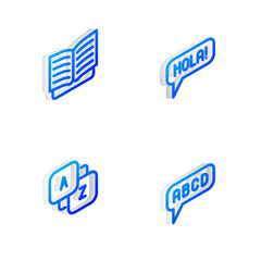 Set Isometric line Hola in different languages, Open book, Vocabulary and Alphabet icon. Vector © vector_v