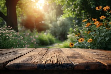 mockup product display, Showcase, Wooden table on blurred nature background, design and product