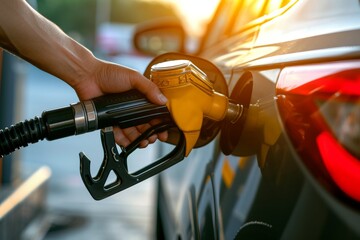 Pouring fuel, close up image of a hand filling up a car with gas at a gas station - obrazy, fototapety, plakaty