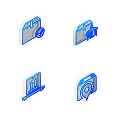 Set Isometric line Plane and cardboard box, Package with check mark, Cardboard boxes on pallet and Location icon. Vector