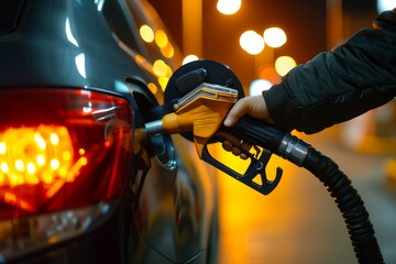 Pouring fuel, close up image of a hand filling up a car with gas at a gas station - obrazy, fototapety, plakaty