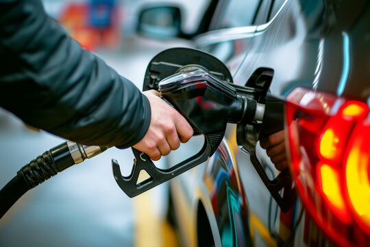 Pouring fuel, close up image of a hand filling up a car with gas at a gas station