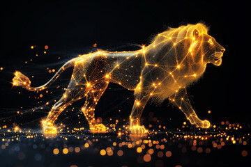 A sparkling golden silhouette of a lion on a black background. The symbol of the zodiac sign is leo. Ai generative.