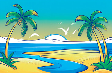 Fototapeta na wymiar green island with palm trees, beach, blue sea. desert island