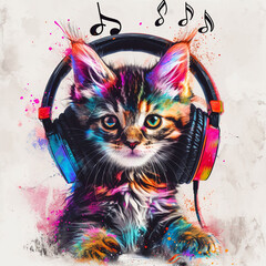 A tabby kitten with multi-colored coat listens to music in large headphones. Multi-colored illustration with notes on a light background.