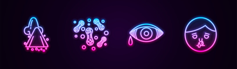Set line Runny nose, Bacteria, Reddish eye allergic conjunctivitis and . Glowing neon icon. Vector