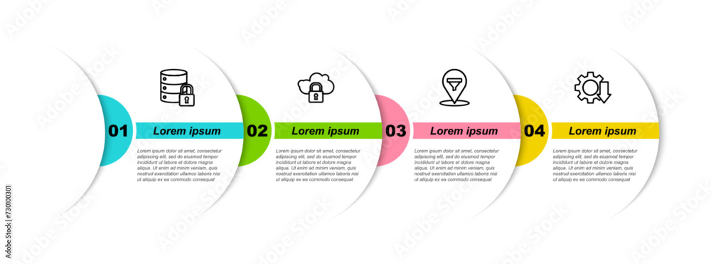 Poster set line server security with lock, cloud computing, location sales funnel and cost reduction. busin