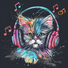 Cute cat listens to music with pink headphones. Hand drawn illustration on black background with music notes. - obrazy, fototapety, plakaty