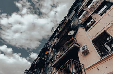 destroyed and burned houses in the city during the war in Ukraine