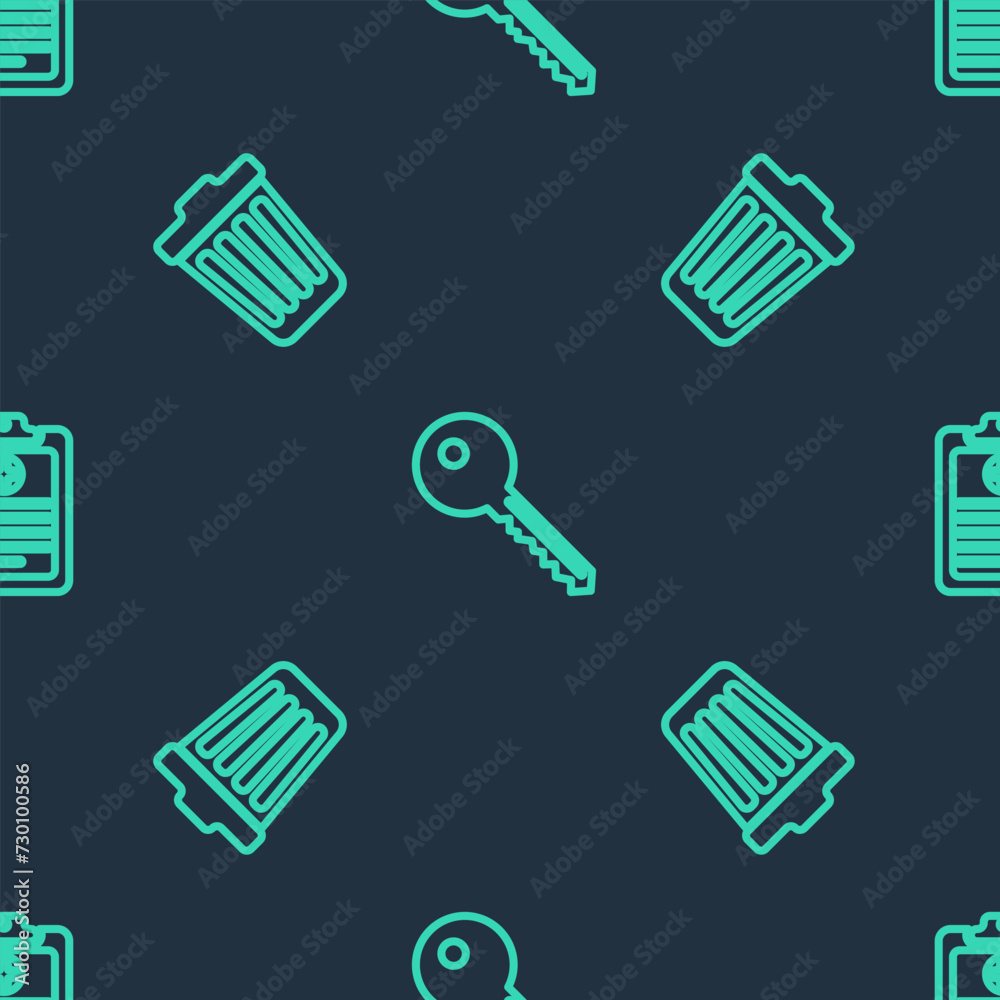 Poster set line key, trash can and clinical record on seamless pattern. vector