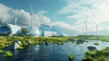 A mixed renewable energy plant with towering wind turbines and solar panels set in a natural landscape under a sunny sky.