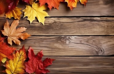 Naklejka na ściany i meble Autumn yellow red leafs border frame on dark brown barn wood planks background. Horizontal postcard template. Empty space for copy, text, lettering.