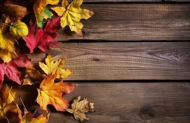 Autumn yellow red leafs border frame on dark brown barn wood planks background. Horizontal postcard template. Empty space for copy, text, lettering.