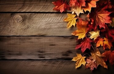 Obraz premium Autumn yellow red leafs border frame on dark brown barn wood planks background. Horizontal postcard template. Empty space for copy, text, lettering.