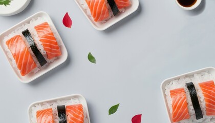 delicious sushi with salmon with copy space, minimal cutlery arrangement