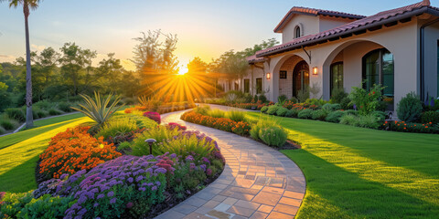 Naklejka premium landscape design ideas for green garden a sunset, residential house backyard background. medern house eksterior