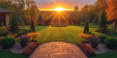  landscape design ideas for green garden a sunset,  residential house backyard background. medern house  eksterior