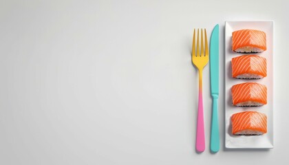 top view of beautiful arrangement of salmon sushi with empty space