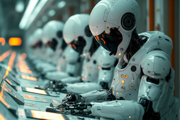 Fototapeta premium Androids working together in high-tech factory, illustrating precision and collaboration in futuristic industrial environment