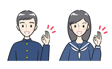 OKサインをする男子中学生・女子中学生セット