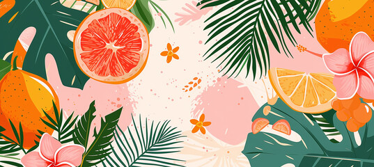 tropical background with fruits, orange, papaya and flowers, leaves. flora and botany - obrazy, fototapety, plakaty